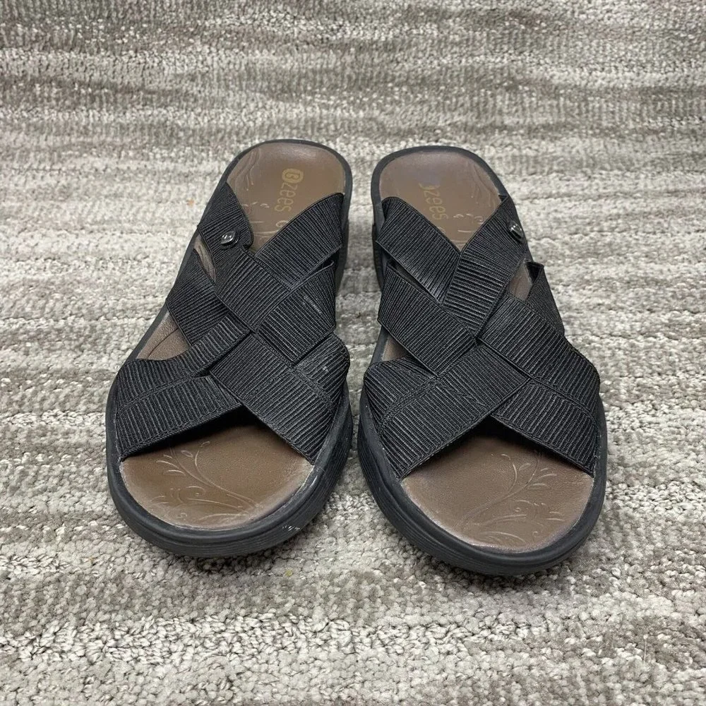 Bzees Womens Disco Strappy Comfort Sandals Black Slip On Open Toe 7M Shoes
